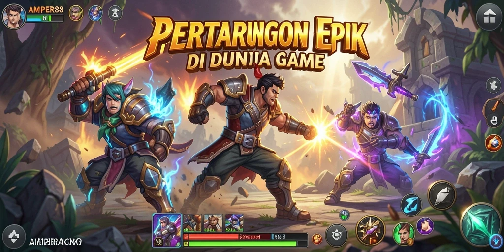 Tampilan utama gameplay AMPER88 yang menampilkan karakter bertarung di arena.