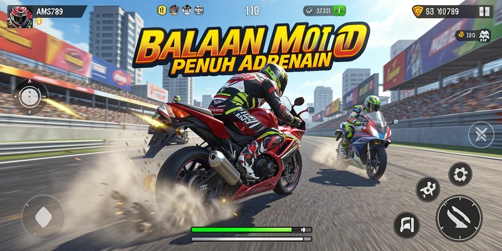 Tampilan mendebarkan dari gameplay balapan motor di AMS789.