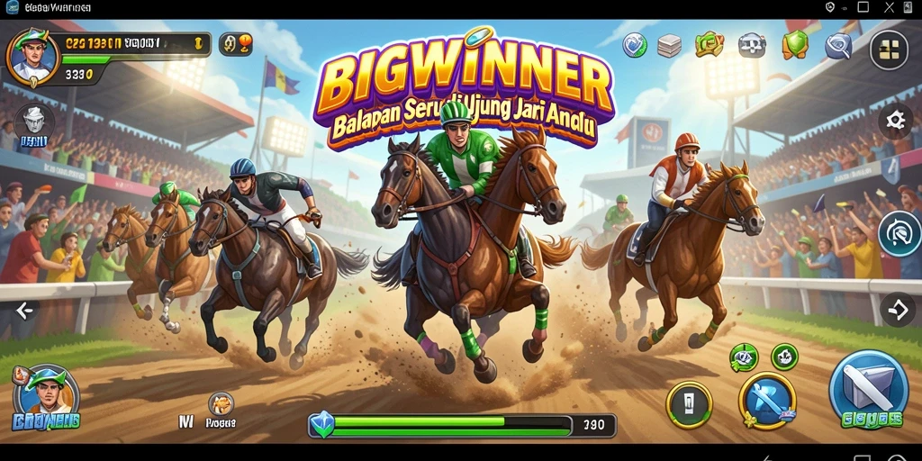 Gameplay seru BIGWINNER dengan mobil balap yang melaju cepat di trek menantang.