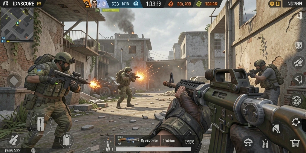 Screenshot IDNSCORE menunjukkan aksi gameplay FPS yang mendebarkan.