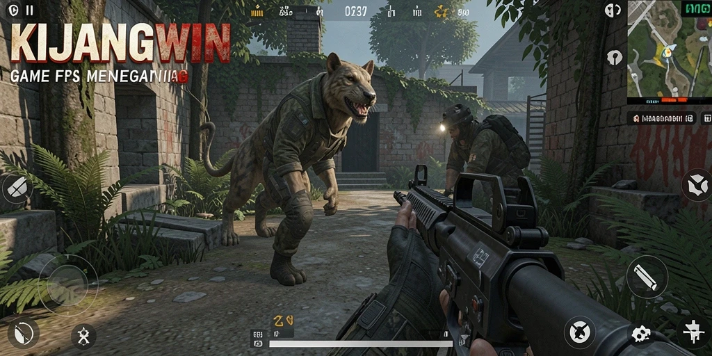 Tangkapan layar utama KIJANGWIN menampilkan aksi mendebarkan dalam pertempuran FPS.