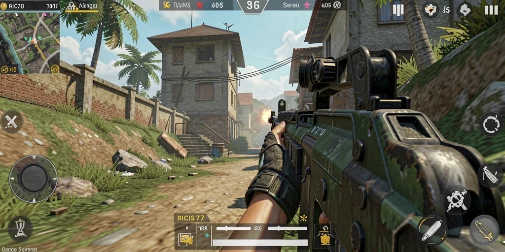 Tangkapan layar utama gameplay RICIS77 menampilkan aksi menembak yang intens.