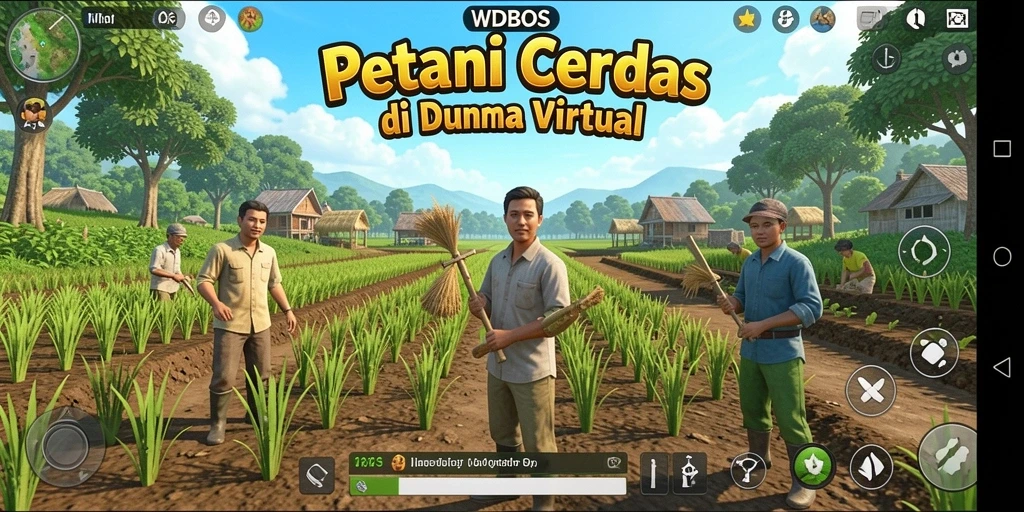 Screenshot utama gameplay WDBOS menampilkan bidang pertanian yang subur dan hewan peliharaan.
